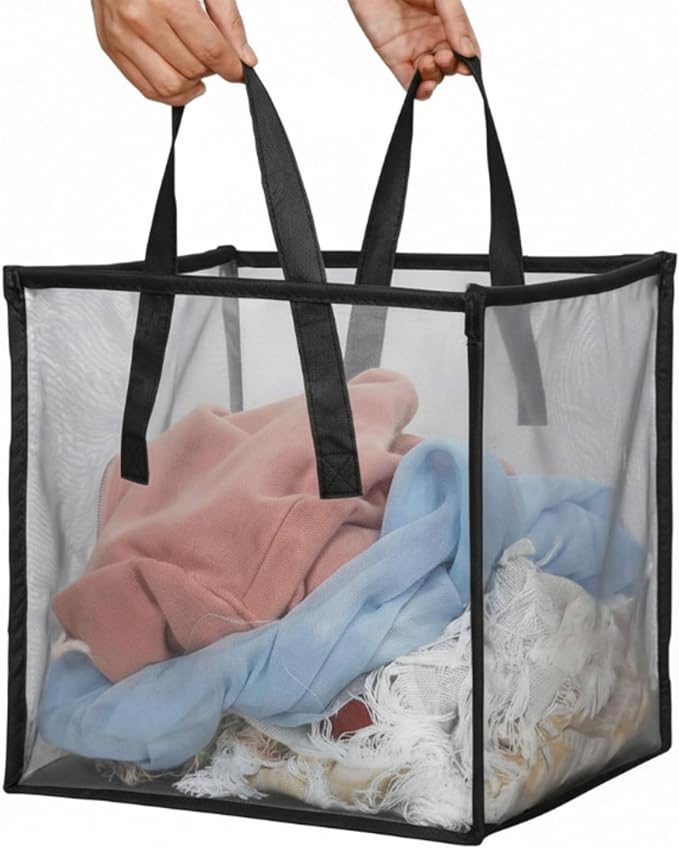 Zopeal 1 Pack Collapsible Mesh Laundry Basket, Black, Single-layer | 13 Inch Square with Handles, Portable Foldable Hamper, Mesh See-through, Space Saving for Dorm Bedroom Laundry Room by Zopeal