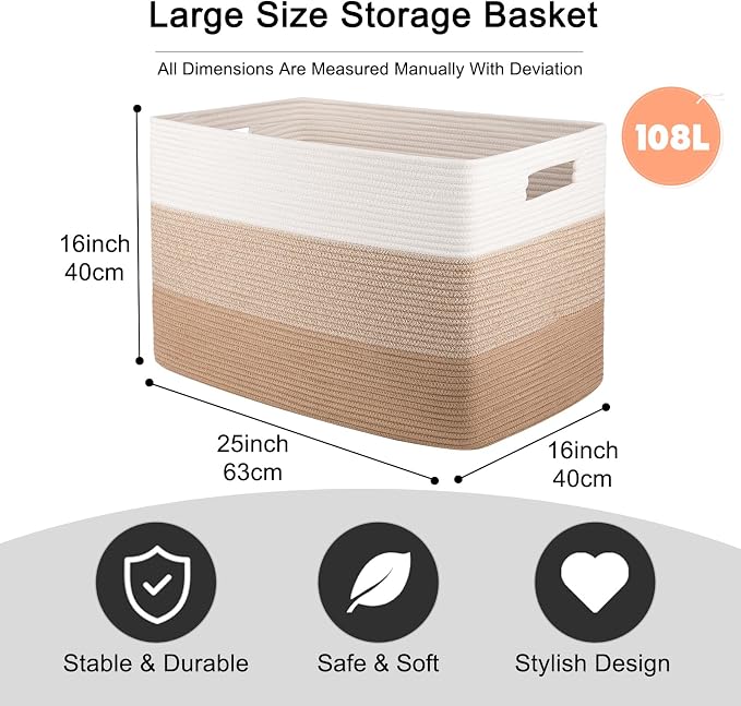 OIAHOMY 108L Extra Large Blanket Basket Dog Toy Basket Light Brown | Rectangle Woven Baskets for Storage Cotton Rope Basket For Living Room Toy Storage Blanket Storage Laundry Basket - Image 3