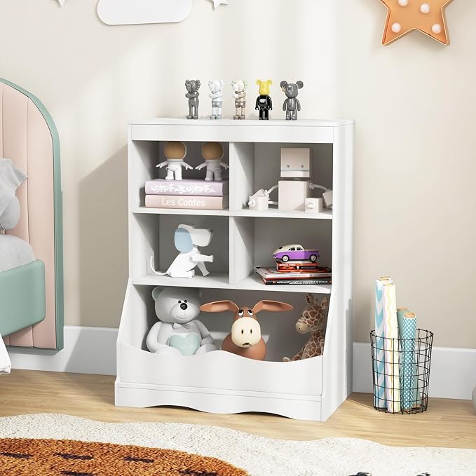 HONEY JOY Kids Toy Storage Organizer with Bookcase, 4-Cubby Organization Storage Cabinet w/Display Shelf, Wooden Toy Storage Unit for Playroom, Nursery Daycare(White) - Image 8
