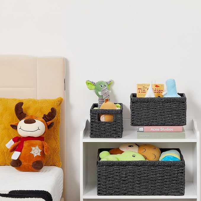 Wicker Storage Basket, Set of 3 Wicker Basket, Hand-Woven Paper Rope Storage Baskets for Organizing, Large Cube Storage Organizer Bins Baskets for Shelves Small Toilet Paper Baskets, Black - Image 8