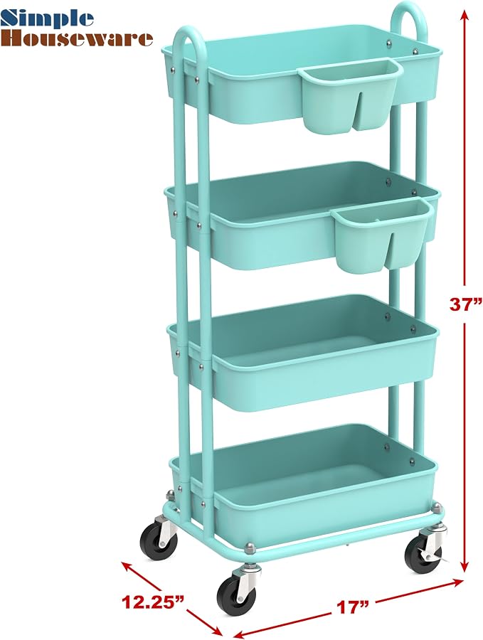 Simple Houseware 4-Tier Rolling Utility Cart with Hanging Bucket, Turquoise | Storage for Bathroom, Kitchen, Office, Study Room, Nursery Diaper - Image 5