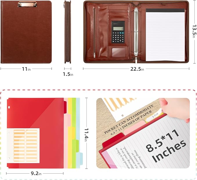 Ospelelf 3 Ring Binder Portfolio Folder with Zipper- Leather Padfolio with Clipboard Storage- Calculator, 12.1” Tablet Sleeve, 5 Dividers with Pocket, Refillable Notepad, Card Slot (Red Brown) - Image 2