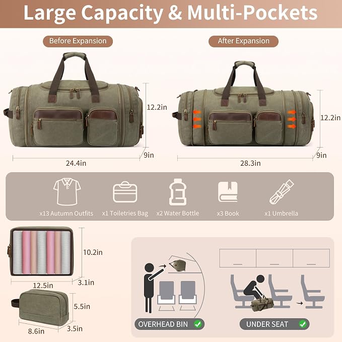 Mens Duffle Bag for Travel 60L Expandable Canvas Weekender Overnight Travel Duffel Bag with Shoe Compartment Carry-On for Airplanes Army Green - Image 4