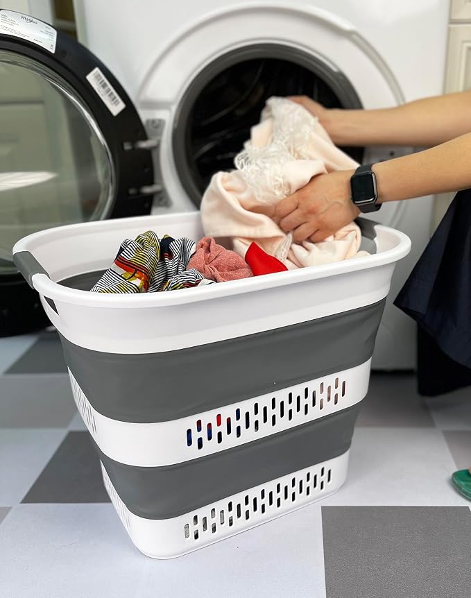 SAMMART 40L (10.5 Gallon) Collapsible Plastic Laundry Basket - Foldable Pop Up Storage Container/Organizer - Portable Laundry Hamper - Space Saving (2, White/Steel Grey) - Image 4