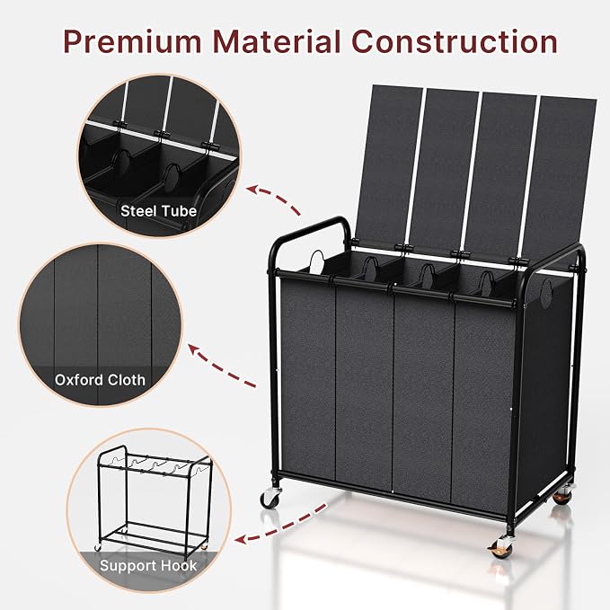 180L Laundry Sorter 4 Section with Lockable Wheels and Lid Black | 4 Large Separate Removable Bags | Heavy Duty Rolling Laundry Basket | Laundry Hamper Cart for Laundry Room Organizer - Image 6