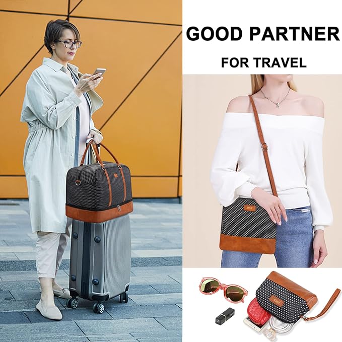 Weekender Bags for Women, 21" Weekender Travel Bag, Travel Duffle Bag with Shoe Compartment Carry on Overnight Duffel Bag for Weekend Travel Business Trip, 3PCS | 3PCS Carry On Overnight Large Duffel Bag with Crossbody Bag and Toiletry Bag for Weekend ... - Image 3
