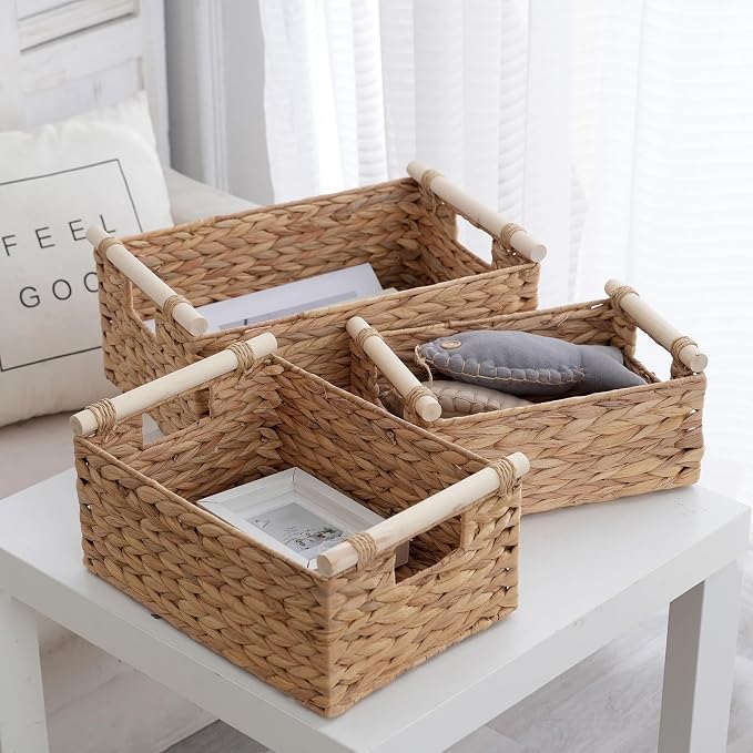 Woven Storage Baskets, Wicker Shelf Baskets, 3-Pack, 3 Sizes | 3-piece rectangular woven basket set in small, medium and large sizes; natural wicker organizers for shelves and cabinets. - Image 6
