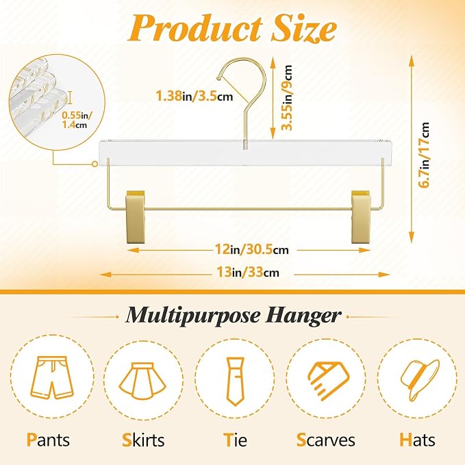 30 Pack Clear Gold Acrylic Pants Hangers with Adjustable Clips | Non-Slip & Heavy Duty Hangers for Pants, Skirts, Jeans, Trousers, Scarves, Adults & Kids, Clothing Closet Storage Organizer - Image 2
