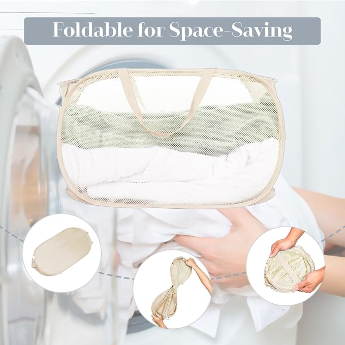 Durable Collapsible Laundry Baskets, Mesh Pop Up Laundry Hamper with Side Pocket, Foldable Clothes Hamper with Reinforced Carry Handles for Laundry, Bathroom, Kids Room, Dorm or Travel 2 Pack Beige - Image 6