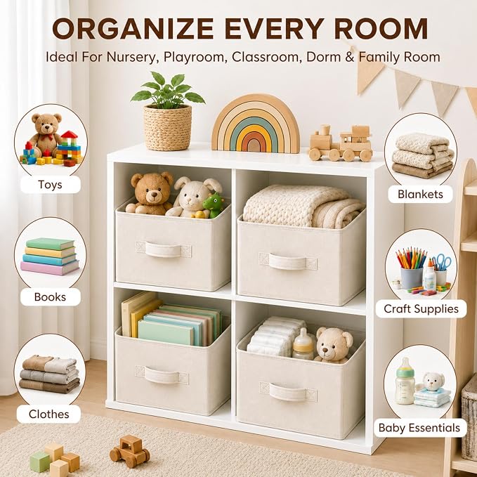 Yinder 4 Pcs Cube Storage Bin, Beige 14''x10''x8'' Storage Cubes | Kids Classroom Playroom Decor, Beige Bins, Foldable Baskets for Nursery Organizer Boxes Fabric Boxes - Image 5