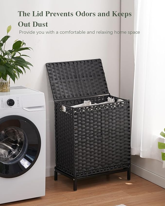 SETVSON Laundry Hamper with Lid, 112 L PE Rattan Woven Bin, Black | Decorative Furniture Look for Bedroom & Bathroom, 2-Section Sorting Hamper with Lid, 2 Liners, 6 Bags, Metal Feet - Image 7