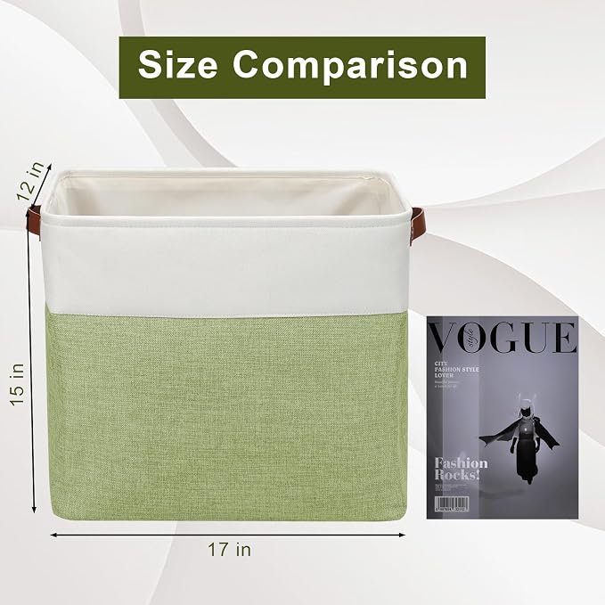 Large Fabric Storage Baskets | 50L Storage Bins, Decorative Linen Closet Baskets with Handles for Organizing, Shelf, Toys, Clothes, Home, Office, Nursery, 17x12x15Inches (Green&White) - Image 3