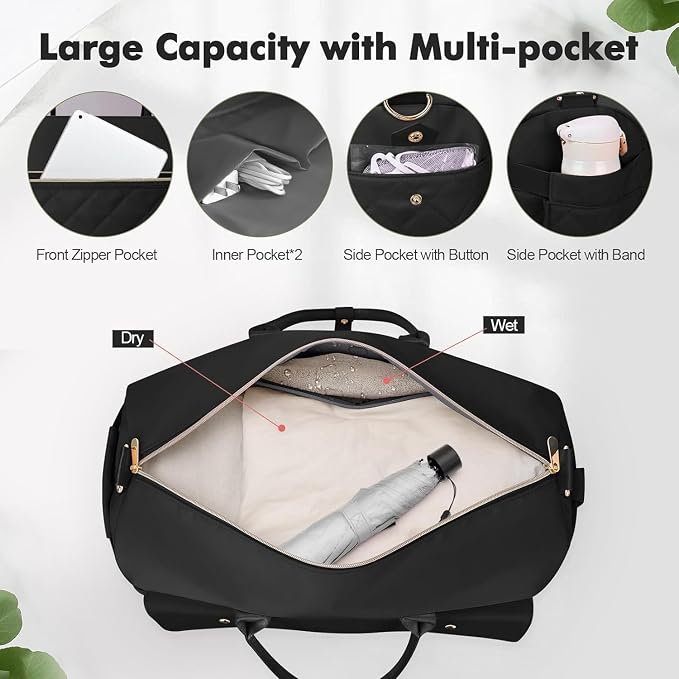 Weekender Bags for Women, Extra Large Travel Duffel Bag with Shoe Compartment, Carry on Overnight Bag with Toiletry Makeup Bag, Gym Bag Travel Tote Bag for Travel Gym Camping Hospital, Black - Image 3
