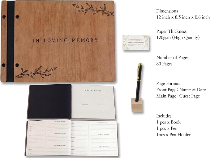 Aspen Studio Funeral Guest Book with Signing Pen in Loving Memory Wooden Funeral Guest Book for Memorial Funeral Service with Signing Pen for Funeral Reception - Image 7