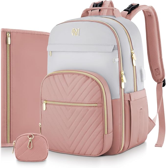 Diaper Bag Backpack, Quilted Baby Bag with Changing Pad & Stroller Straps & Pacifier Case, Large Travel Diaper Bags for Mom Dad, Pink Grey by MOMUVOOFFICIAL