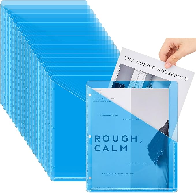 Seajan 48 Pcs Binder Pocket Folders, Clear 3 Ring Binder, Blue | Plastic Folders Sleeves with 2 Pockets, Poly Slash File Jackets, 3 Hole Punched Dividers for School, Office, Documents by Seajan