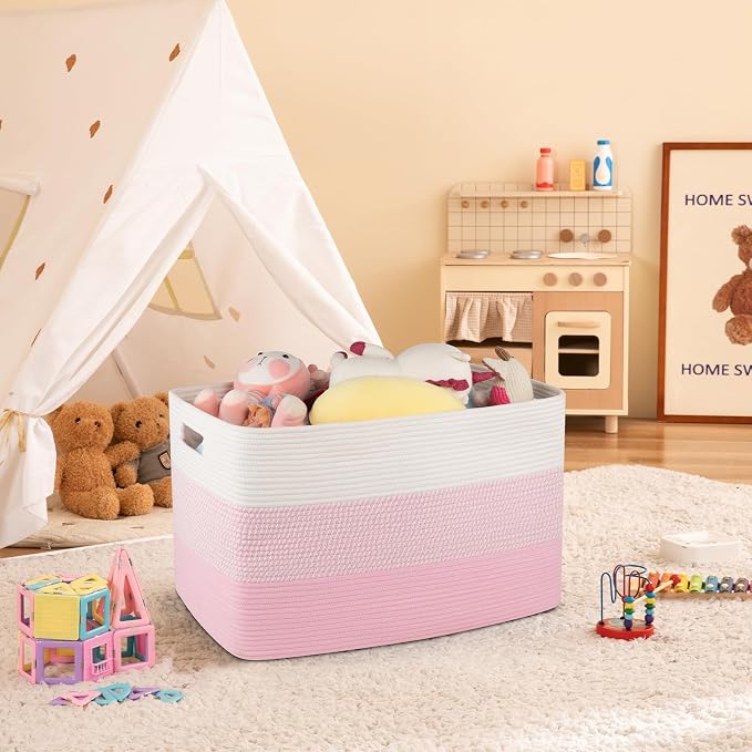 OIAHOMY 108L Extra Large Blanket Basket Dog Toy Basket Pink&White | Rectangle Woven Baskets for Storage Cotton Rope Basket For Living Room Toy Storage Blanket Storage Laundry Basket - Image 5