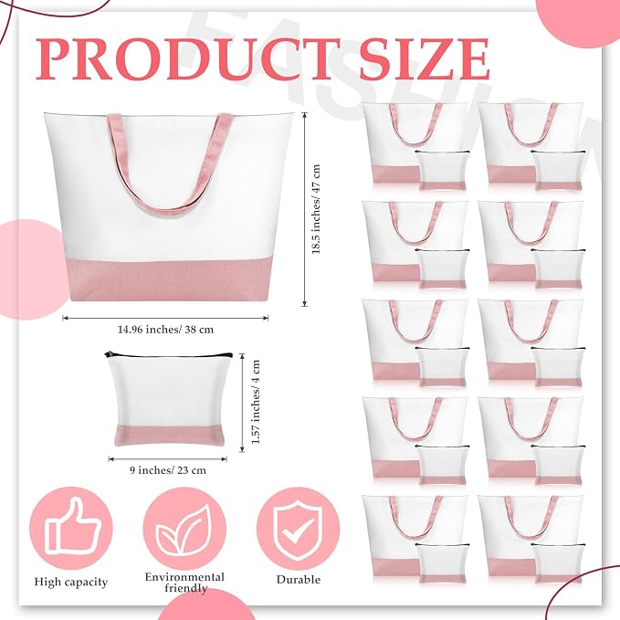 Sanwuta Large Blank Canvas Tote Bags and Makeup Bags Blank Reusable Grocery Luggage Canvas Tote with Handles (Pink,20 Pcs) - Image 3