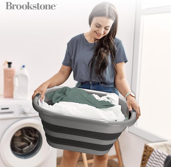 BROOKSTONE 11 GALLON XL 24" Collapsible Laundry Basket & Clothes Hamper, Comfort Non-Slip Handles, Modern Laundry Hamper with Space Saving Design, Portable Pop-Up Hamper, BPA FREE, Grey/Black, 1 Pack - Image 2
