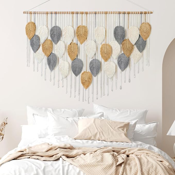 Large Macrame Wall Hanging Boho Woven Tapestry Chic Modern Home Decorations | KHOYIME Bohemian Farmhouse Handmade Leaf Feather Wall Art Decor for Living Room Bedroom Nursery Dorm Backdrop 51.5"W X 33.5"L - Image 6