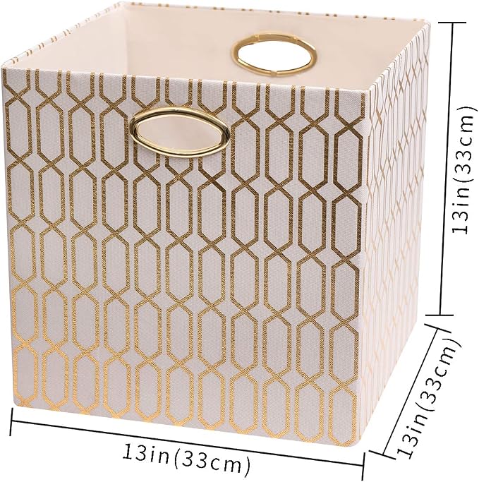 Posprica Storage Bins, Storage Cubes,13×13 Fabric Drawers Organizer Basket Boxes Containers (13×13×13/2pcs, Cream/gold geometry Pattern) - Image 2
