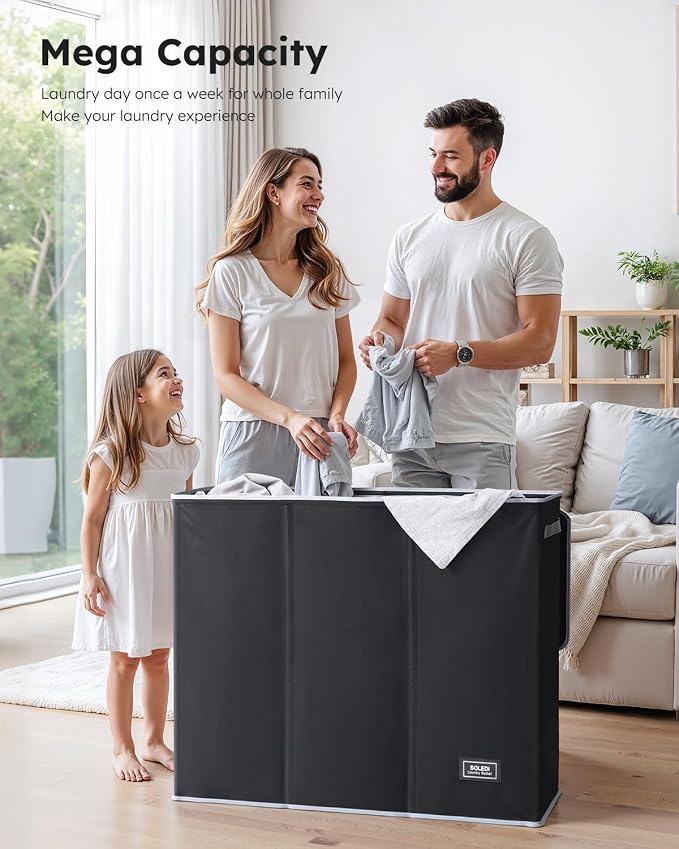 SOLEDI Large Laundry hamper 3 Section with Laundry Bag, XL Clothes Basket | 3-Section Large capacity Laundry Sorter with Odor-Blocking Lid, Robust Iron Frame & Waterproof 600D Fabric, 3 Washable Bags - Image 2
