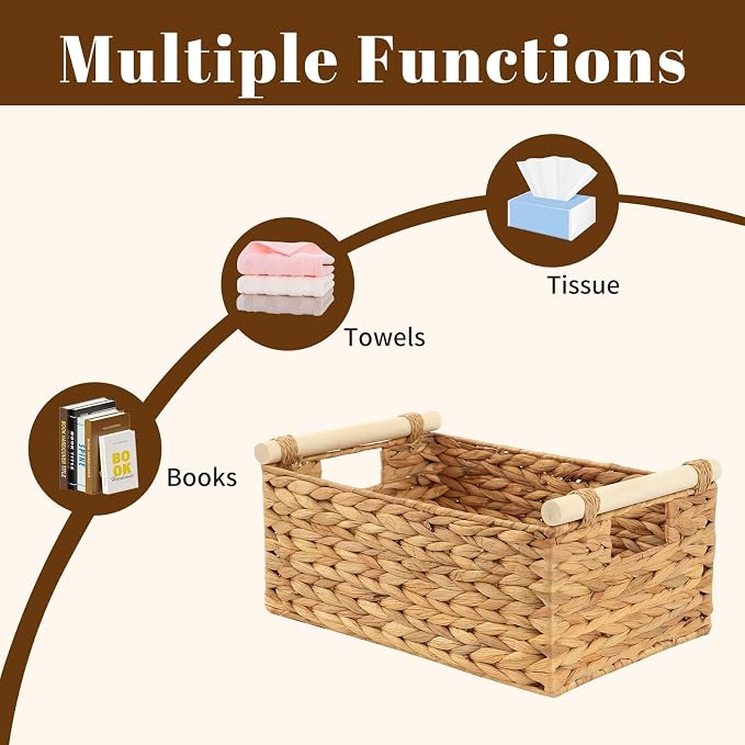 Woven Storage Baskets, Wicker Shelf Baskets, 3-Pack, 3 Sizes | 3-piece rectangular woven basket set in small, medium and large sizes; natural wicker organizers for shelves and cabinets. - Image 3