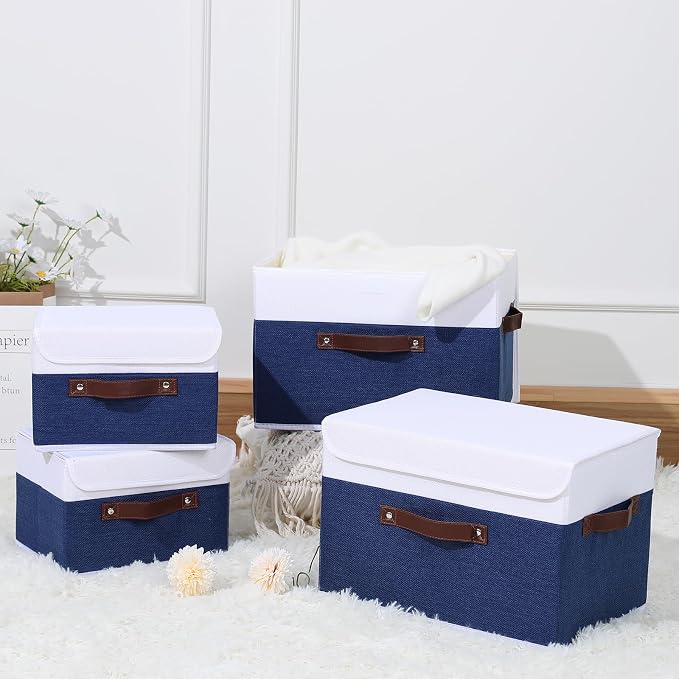 ANMINY Fabric Storage Box Bins with Lids, Blue White, 10"x8"x7", 4 Pack | Keepsake Memory Storage, Cotton Linen, PP Board Reinforced, Washable, PU Handles, Foldable & Stackable, Decorative, Small - Image 7