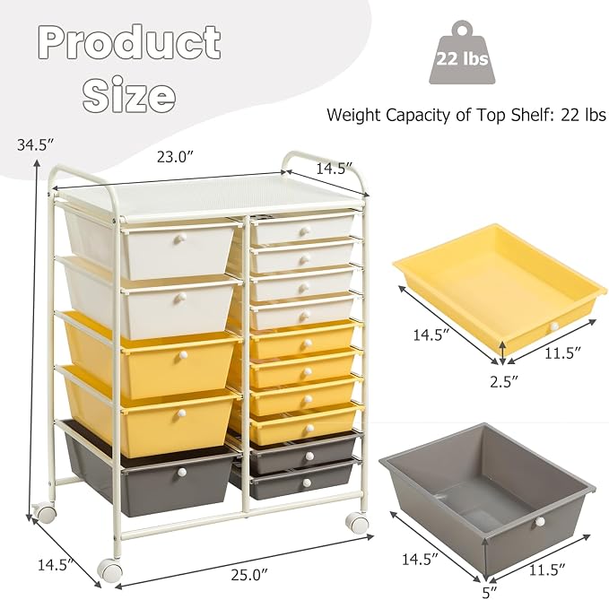 DREAMADE Rolling Cart with 15 Drawers, Lockable Wheels, Removable & 2-Sized Storage, Art Cart for School, Home, Crafts, Scrapbook (Yellow) - Image 3