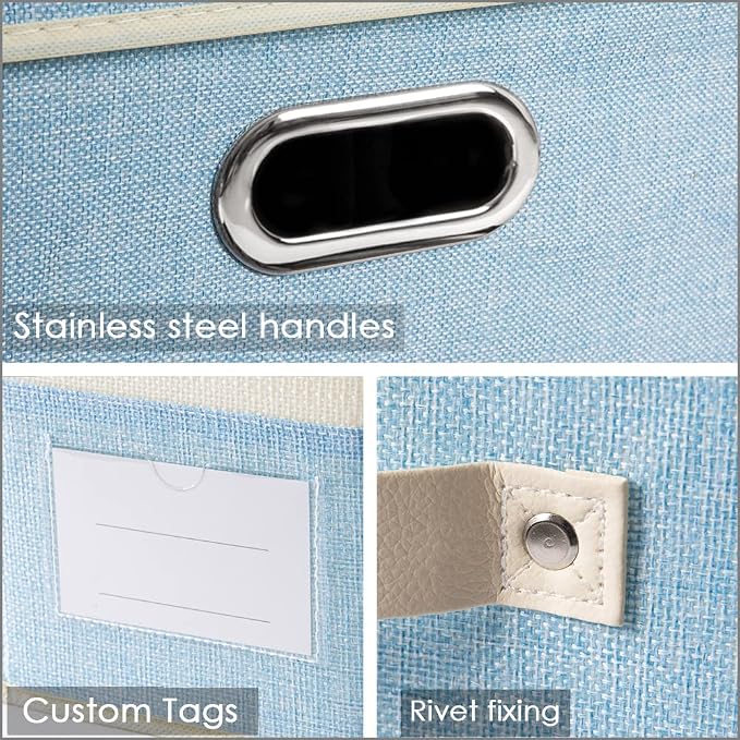 Large Fodable Storage Baskets for Closet [3-pack] Decorative Fabric Storage Bins Cubes with Leather/Metal Handles for Shelves Bedroom Living Room Blue&Cream (14.9x9.8x8.3 Inch) - Image 3