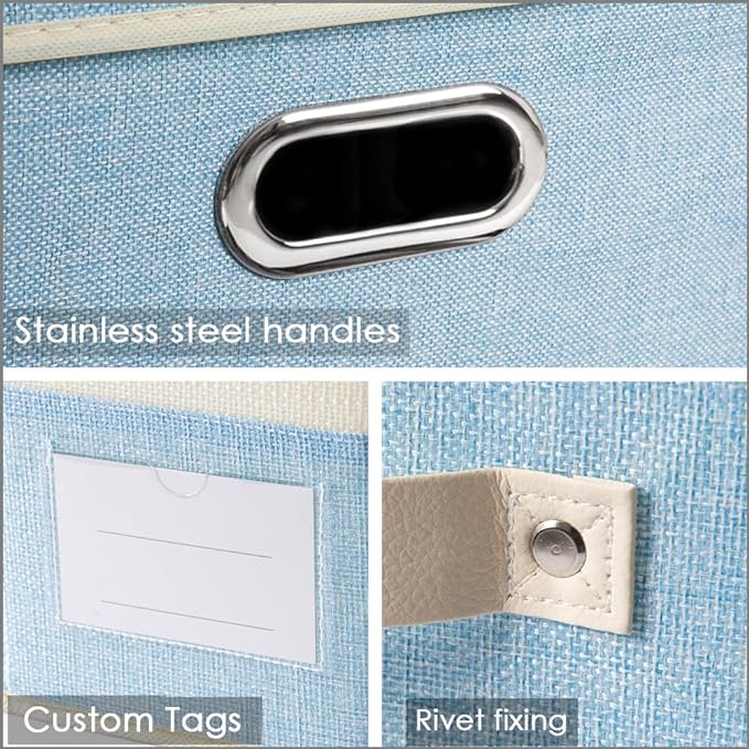 Fodable Storage Bins for Closet [3-pack] Decorative Fabric Storage Baskets Cubes with Leather/Metal Handles for Shelves Bedroom Living Room Blue&Cream (11.5x8.5x6.7 Inch) - Image 3