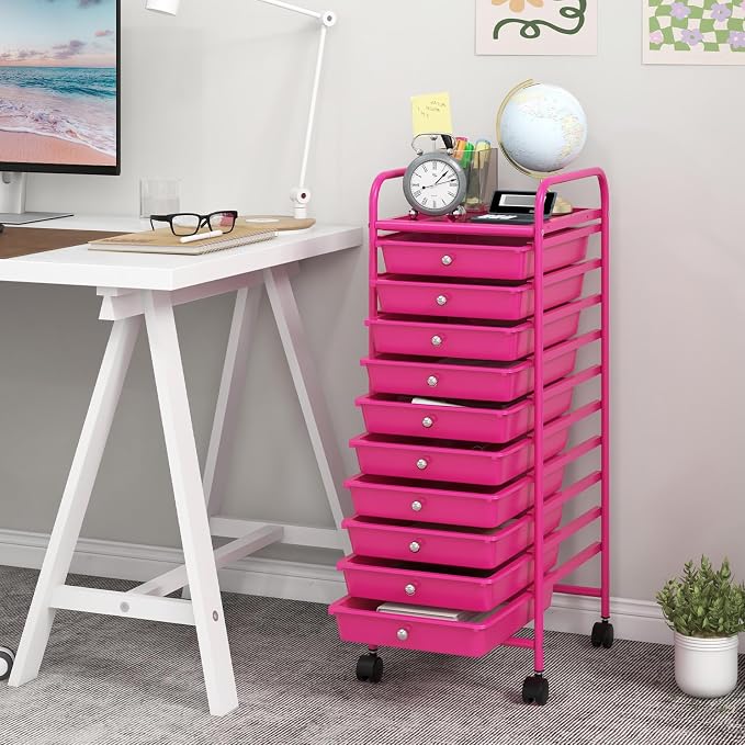 GOFLAME 10-Drawer Rolling Storage Drawer Cart, Utility Cart with Removable Drawers & Metal Frame, Mobile Art Craft Drawer Cart with Lockable Wheels for Home, Office, Studio, School, Hot Pink - Image 9