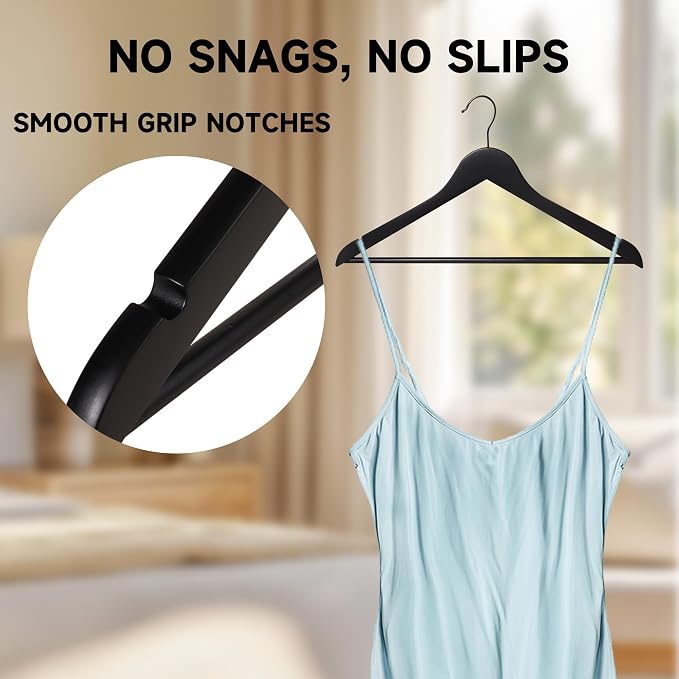 Wooden Clothes Hangers with Pants Bars, Black, 72-Pack | Heavy Duty Solid Wood Suit & Coat Hangers with Swivel Hook & Shoulder Notches, for Shirts, Jackets, Dresses & Trousers - Image 4