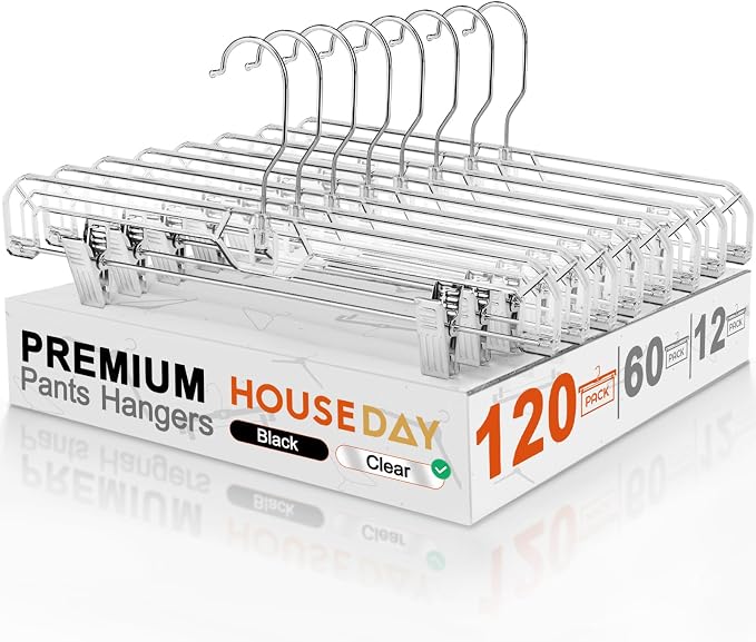 HOUSE DAY 120 Pack Clear Pants Hangers with Clips, Plastic Skirt Hangers for Women, 14 Inch Clip Hanger for Pants, Skirts, Jeans, Shorts, Legging, with 360-degree Swivel Hook, 2 Adjustable Clips by HOUSEDAY