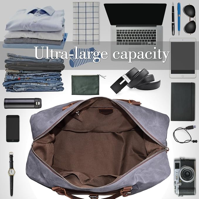Oversized Travel Duffel Bag Waterproof Canvas Genuine Leather Weekend bag Weekender Overnight Carryon Hand Bag - Image 3