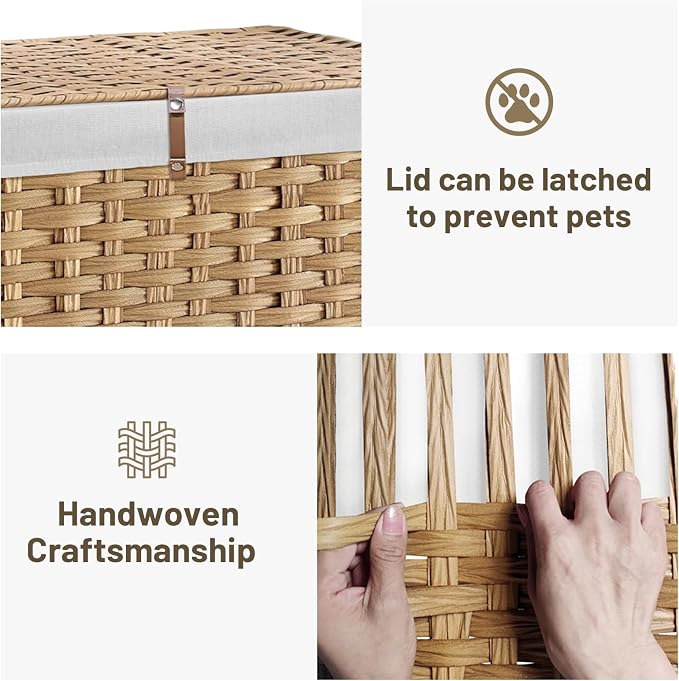 240L Wicker Storage Basket with Lid, Handwoven Rattan Large Shelf Basket with Removable Liner, 47.6 Gallon Wicker Basket for Blanket, Storage Trunk with Handle for Closet, Bedroom, Livingroom, Natural - Image 5