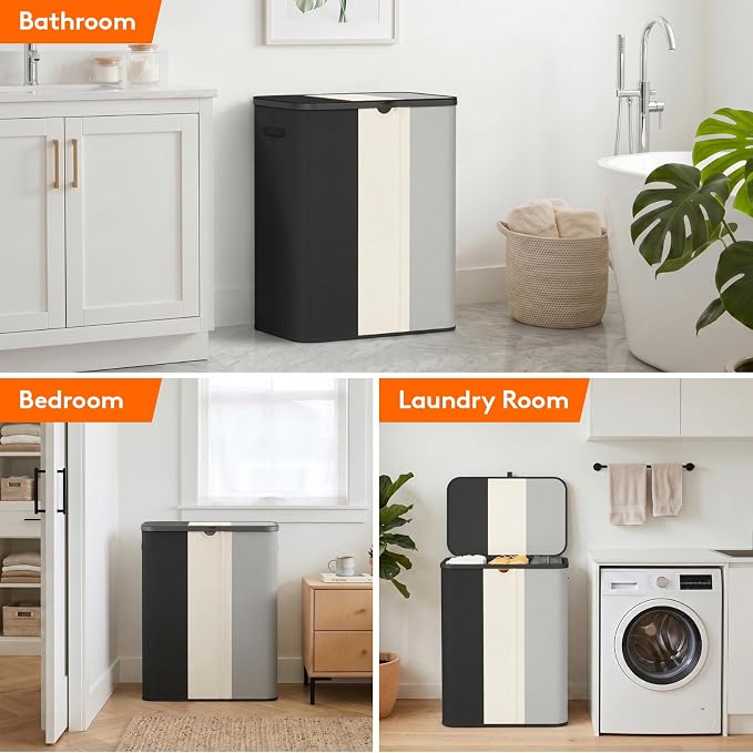 Lifewit 185L 3 Section Laundry Hamper with Lid, Black/Gray/White | Large Foldable Laundry Sorter with 3 Removable Bags, Tall Clothes Hamper for Bedroom and Bathroom - Image 8