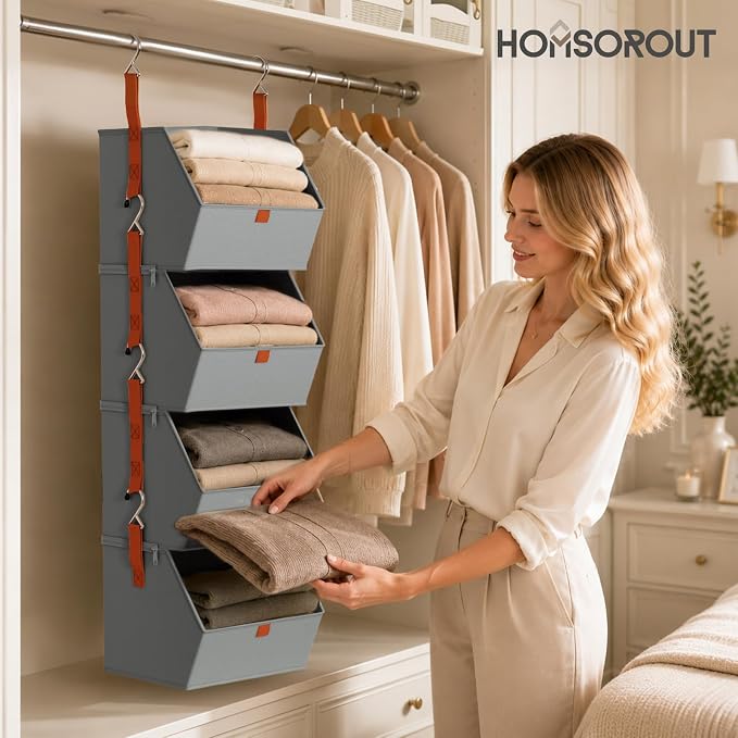 Hanging Closet Organizer 4 Tier - Clothes Hanging Shelves, Space-Saving Closet System, Fabric Storage Bins Bedroom Organization, Collapsible Baskets for Home, Dorm, Rv, Grey - Image 6