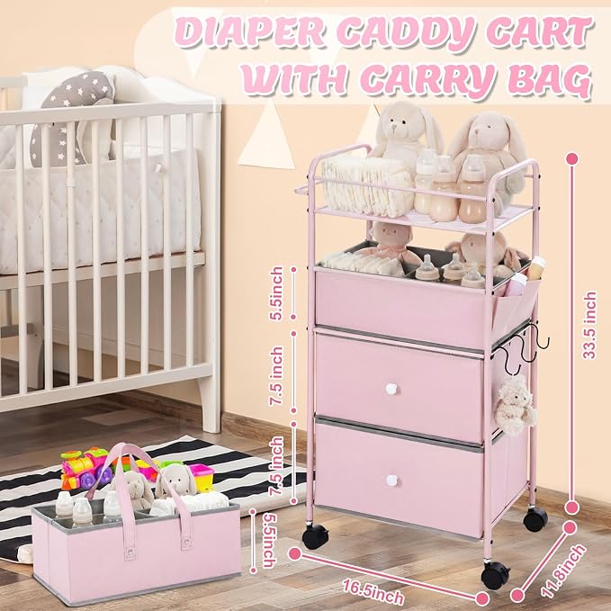 FoldTier 3In1 Baby Diaper Caddy Organizer Cart 4 Tier Large Capacity Metal Utility Bedside Rolling Cart with Divider Newborn Registry Nursery Essential Must Have Bedroom Gift Baby Shower(Pink) - Image 2
