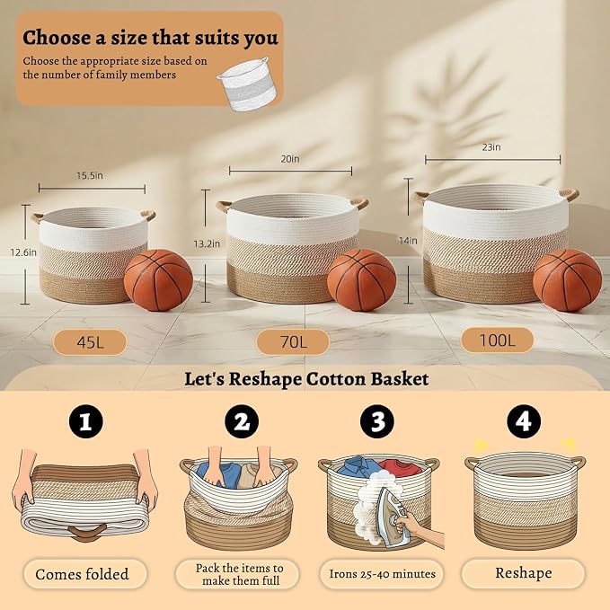 Artfeel 100L Large Cotton Rope Basket, Decorative Woven Blanket Storage for Living Room, Boho Toy Storage & Toy Box for Kids, Versatile Laundry Basket & Nursery Hamper for Blankets(Brown) - Image 7