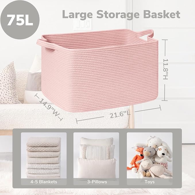 Goodpick Large Woven Rope Blanket Basket, Rectangle, Pink, 75L | 21.6'' x 14.9'' x 11.8'' Storage Basket for Toys & Blankets, Living Room, Bedroom & Nursery Organization, Reinforced Handles - Image 3