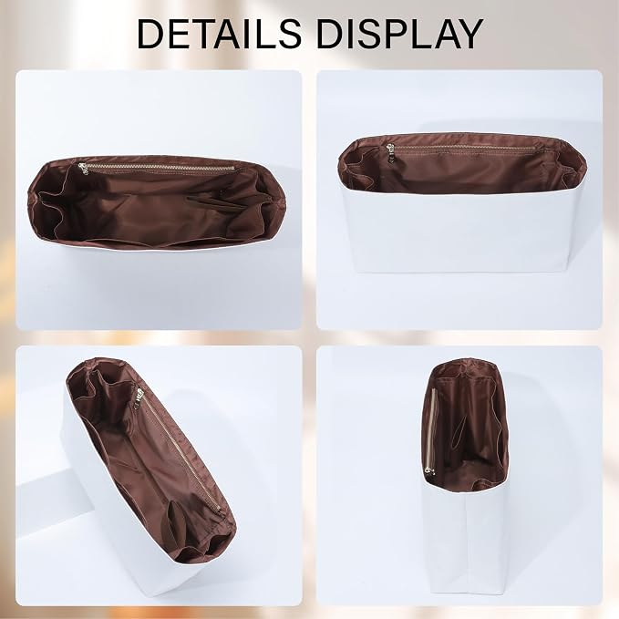 Purse Organizer Insert for Coach Brooklyn 39 | 9 Pockets with YKK Side Zipper & Elastic Water Bottle Holder | Waterproof Tyvek Bag Organizer for Coach Brooklyn Tote/Shoulder Bag(39, White-Brown) - Image 7