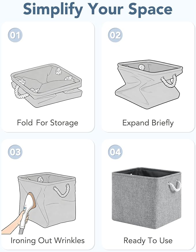 13x15x13 Inch Large Storage Bins with Cotton Rope Handles 6-Pack | Foldable, Top support of metal frame, Bottom with Cardboard Support, Fabric Cube Storage Bins for Closet, Grey - Image 6