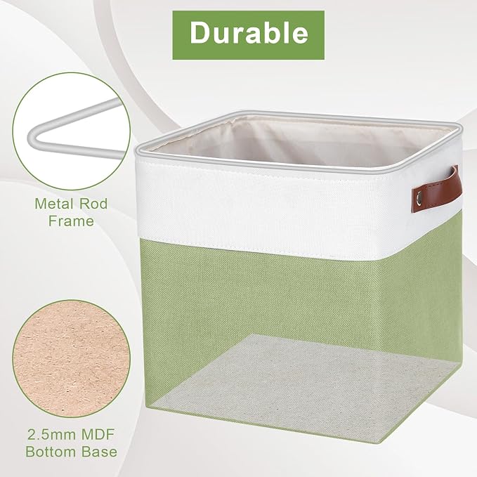 Collapsible Fabric Storage Cubes 11x11 Cube Storage Bins, 4 Pack Closet Baskets Box with Handles for Organizing, Shelf, Toys, Clothes, Home, Office, Nursery (Green&White) - Image 4
