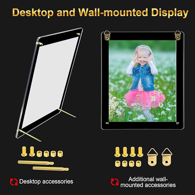Thyle 8 Pcs Acrylic Photo Frame 8x10'' Clear Floating Picture Frame Frameless Photo Display Memories Photography Poster Frames Tabletop or Hanging Wall Mount for Family Wedding Wall Art (Gold) - Image 5