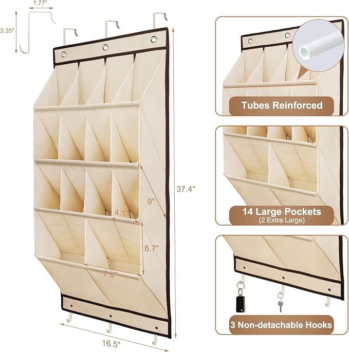 2 Pack Over the Door Shoe Organizers, Hanging Shoe Organizers Large Pockets | Shoe Storage for Closet, Shoe Holder for Boots, Sneakers, Heels, Hanging Shoe Organizer Shoe Rack for RV, Dorm, Home, Beige - Image 2