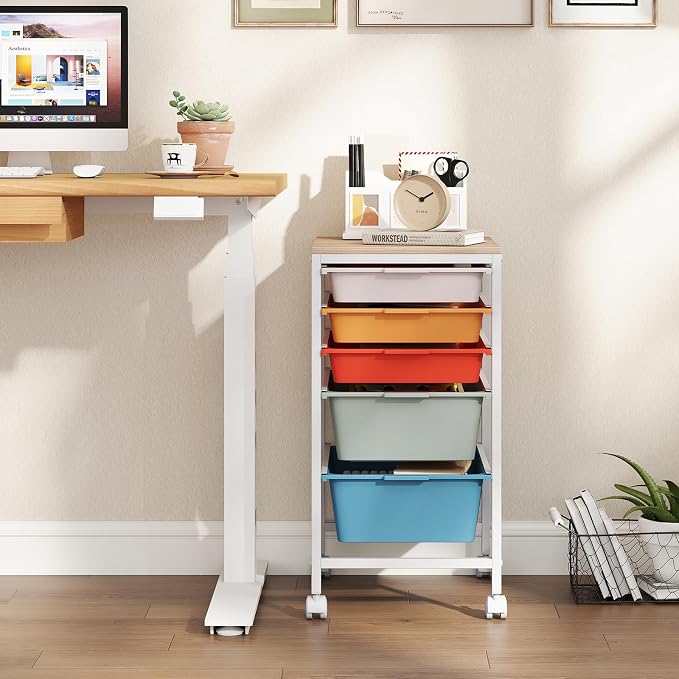 Giantex Rolling Storage Cart with 5 Drawers, Utility Cart w/Wooden Tabletop, Lockable Wheels, Multipurpose Organizer for Art Craft Books Paper, Drawer Carts for Dorm Classroom Office, Macaron - Image 4
