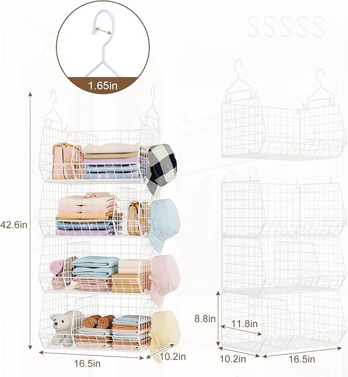 4 Tier Extra Large Hanging Closet Organizer ,Closet Organizer Hanging with 5 S Hooks 4 Dividers,Clothes Organizer Clothing Sweaters Clutches Handbags Hats Accessories-White - Image 7