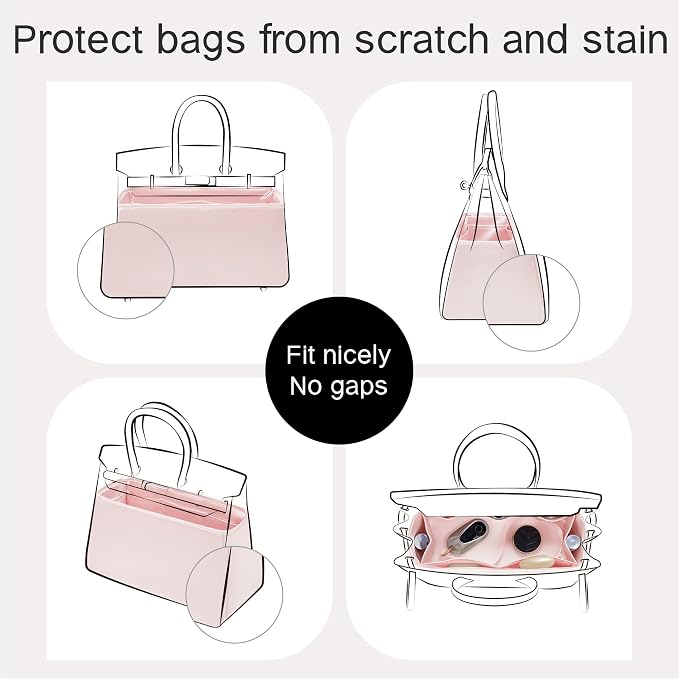 Fits for Brikin Bag Insert Organizer For Hermes(35,Pink) | Premium Silk Material,Smooth Touch,Lightweight,zipper,protect from scratches & stains,multiple pockets,keychain,waterproof - Image 4