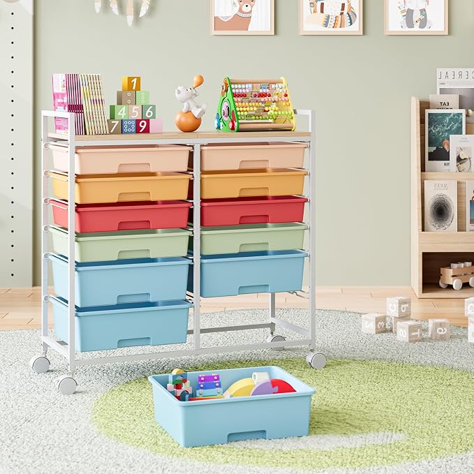 TOOLF 12 Drawers Rolling Storage Cart with Wooden Top for Classroom,Rainbow | Teacher Cart Craft Art Supply Organizer, Utility Cart with Lockable Wheels for Home Household Essentials, Office Organization - Image 2